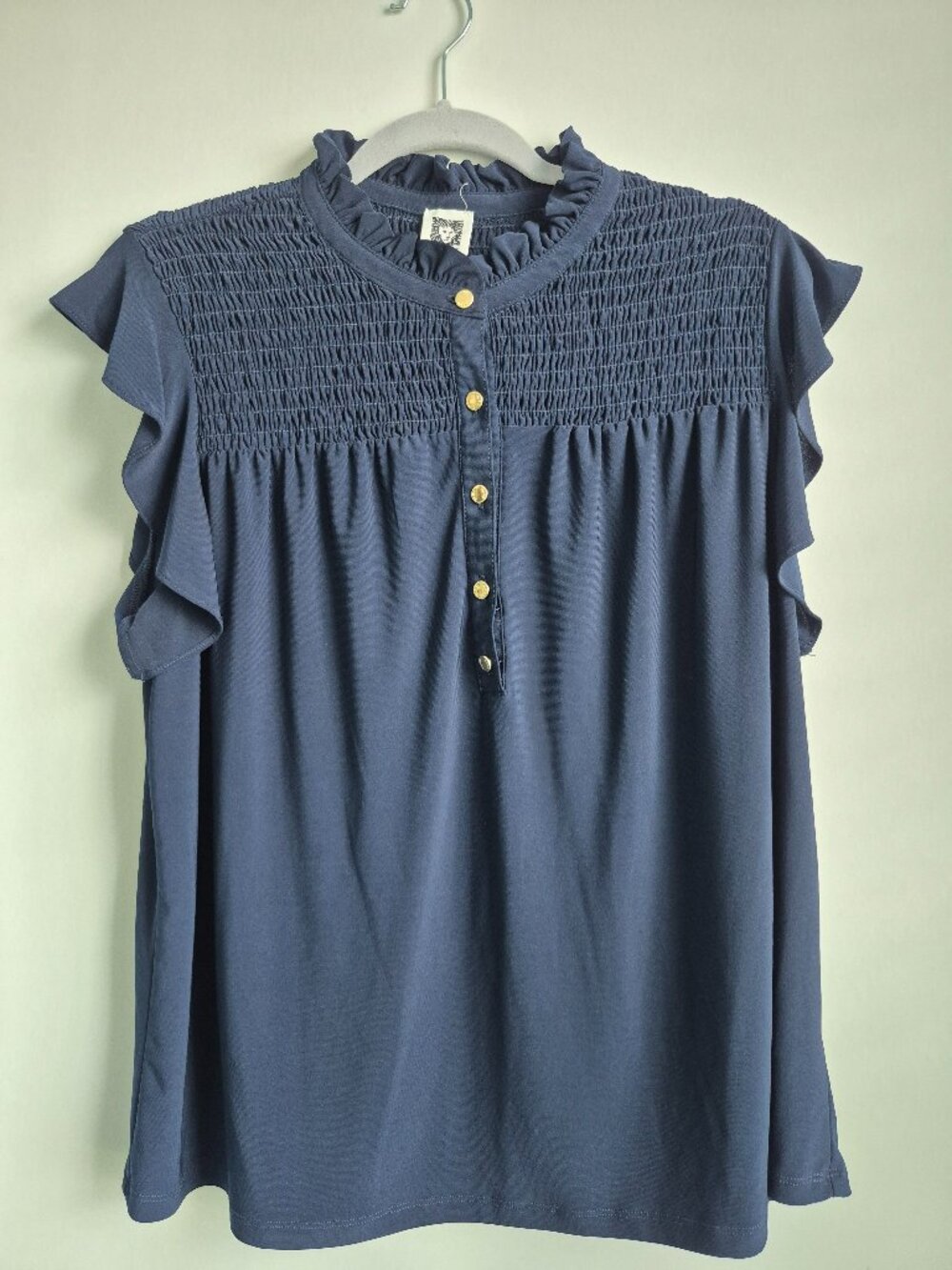 Anne Klein Navy Smocked Top – Gold Buttons – Size Large